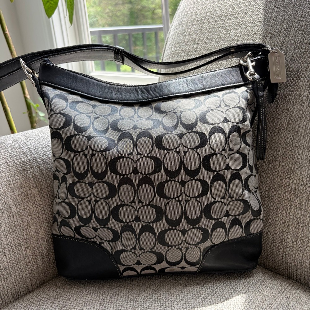 Coach Signature C Bag Medium Y2K Black Gray Monogram Canvas Leather Messenger